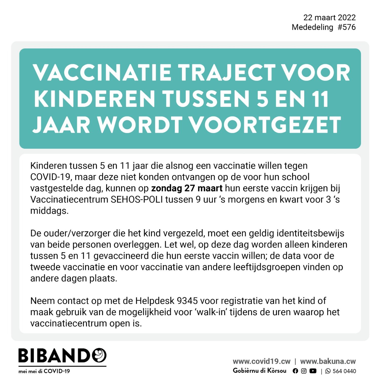 Lees meer over het artikel Dinsdag 22 maart 2022 – Vaccinatie voor kinderen