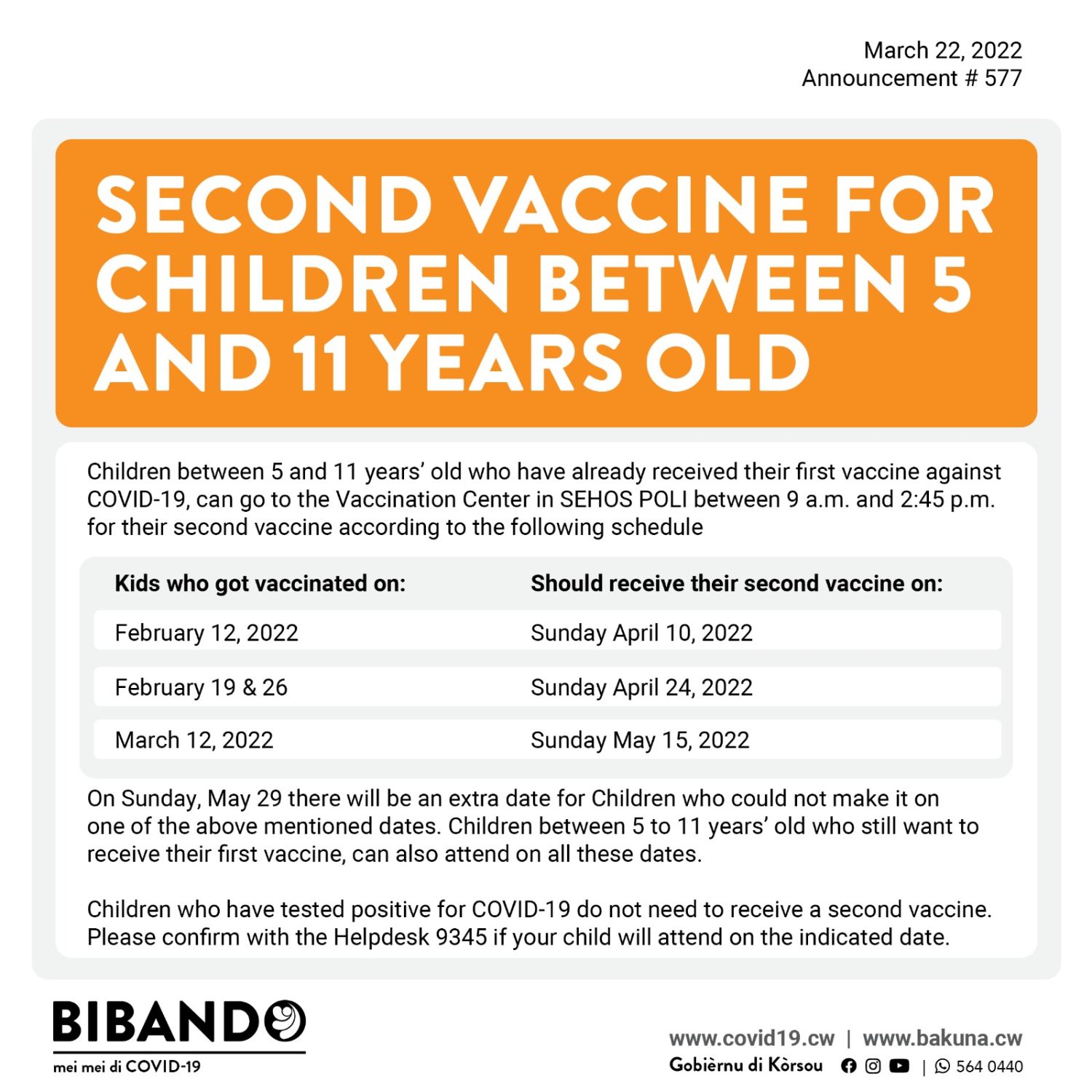 Read more about the article Tuesday March 22, 2022 – Second vaccine for children