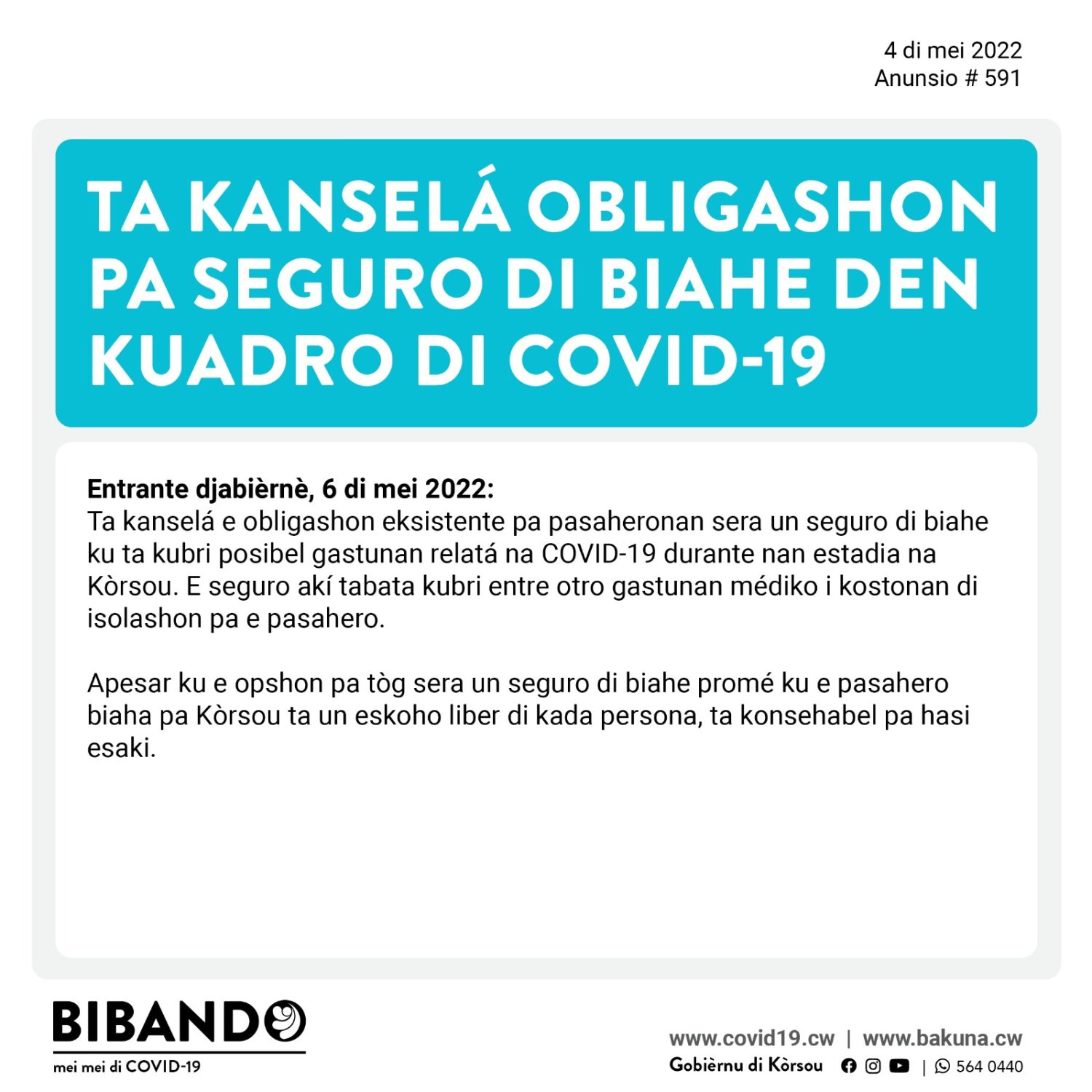 Read more about the article Djárason 4 di mei 2022 – Anunsio públiko Covid-19